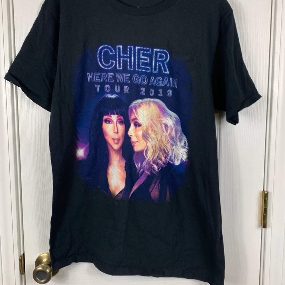 CHER black short sleeved tee shirt size medium. 2019 Tour Here We Go Again